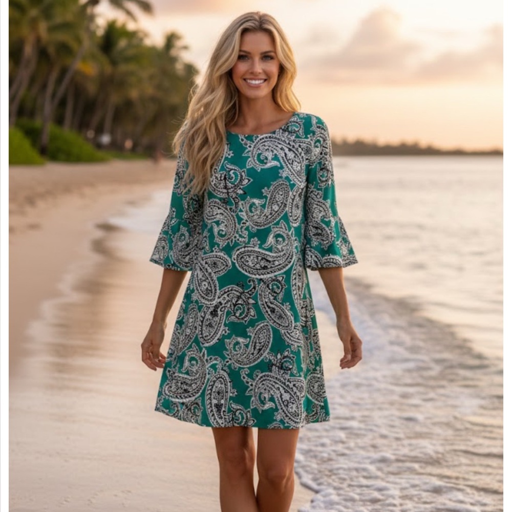Sandra DARREN RUFFLE-SLEEVED PAISLEY PRINT GREEN &‎ white DRESS size 10